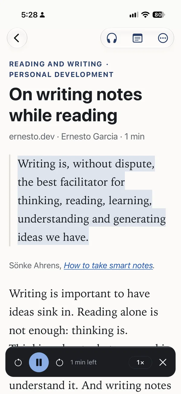 The Klipstack iPhone app reading an article aloud, with the sentence it is reading highlighted.